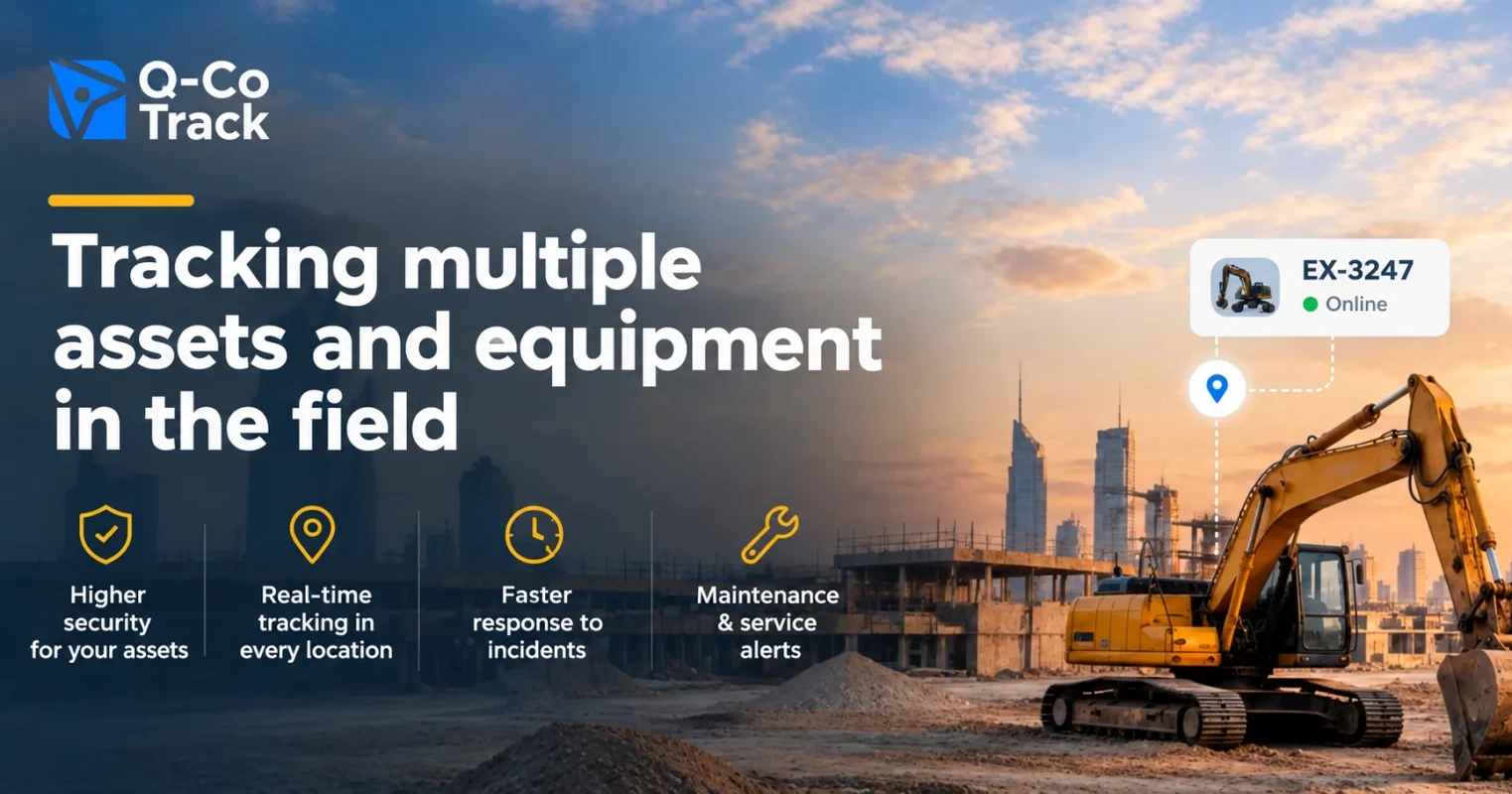 GPS tracking for construction equipment and heavy machinery at a construction site in Kuwait.